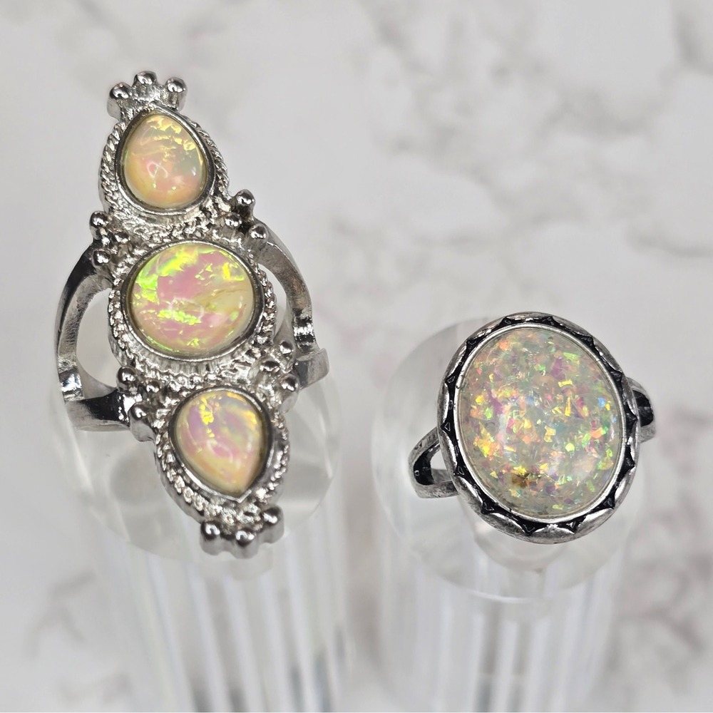 Boho Faux Opal Ring Set Silver Tone Costume Jewelry Size 2pc Size 7